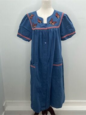 Go Softly Patio  Blue Denim Butterfly Embroidered Dress House Duster Medium